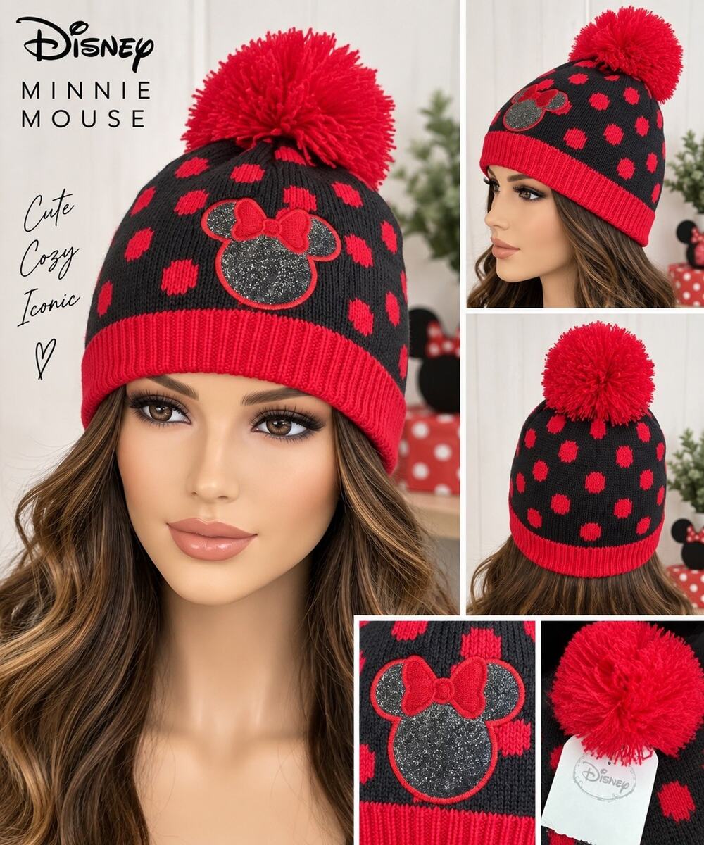 🆕Disney Minnie Mouse Logo Knit Black Red Polka Dots Trim Pom Pom Beanie Hat NWT